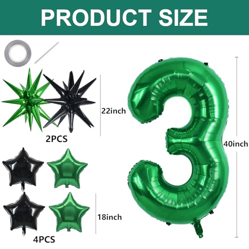 Image of TONIFUL 3rd Birthday Balloons 40 Inch Green Large Number 3 Foil Balloon 18 Inch Helium Mylar Heart Star Shaped Ballons for Boys Men Birthday Anniversary Graduation New Year Eve Party Decoration
