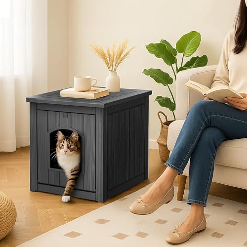 Image of Cat Litter Box Enclosure, Plastic Hidden Litter Box Side Table with Openable Front Door, Cat Box Enclosure Cabinet for Indoor & Outdoor Use, Weatherproof, Easy to Clean & Assemble, Black