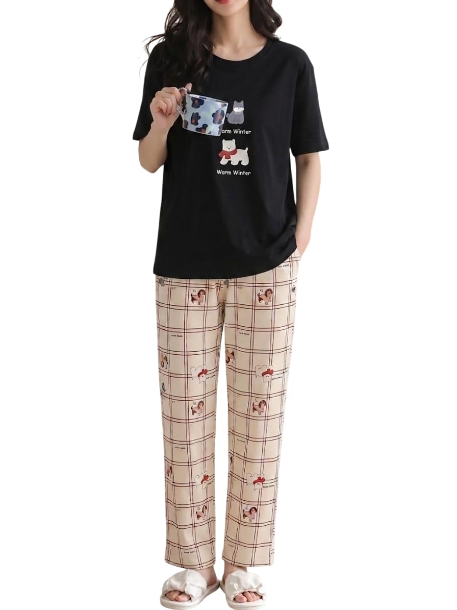 Women’s Korean Style Looper Fabric Nightsuit Set | Cute Print Half Sleeve T-Shirt & Pajama Set | Soft Comfortable Nightwear & Loungewear for Women