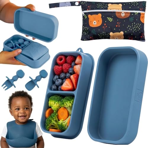 Image of Baby Travel Essentials 6 Pc Silicone Feeding Set - Portable Toddler Plates with Suction, Baby Spoons & Foldable Bib in Carrying Case - BPA-Free Infant & Toddler Utensils for Airplanes & Eating Out