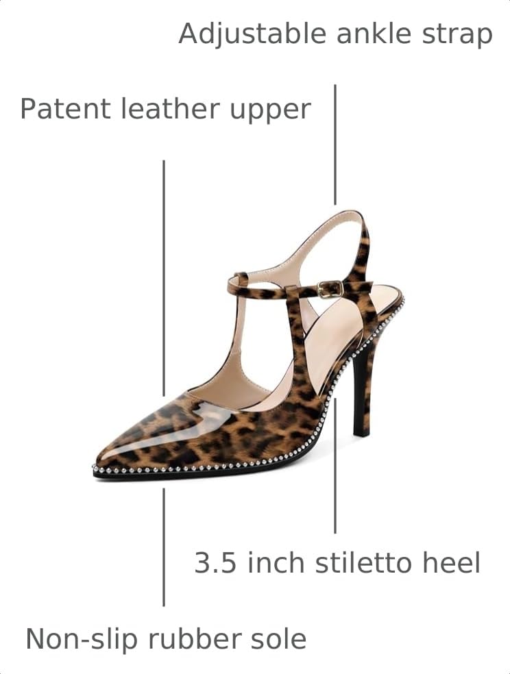 Image of SAMMITOP Womens High Heels Ankle Strap Pointed Toe Stilettos Patent Leather Beaded Pumps Dress Shoes 3.5 Inch
