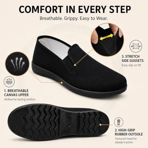 Image of Kung Fu Shoes for Men and Women, Tai Chi Martial Arts Canvas Slip-On Shoes Traditional Chinese Old Beijing Style with Flexible Textured Rubber Sole for Training, Walking and Everyday Wear