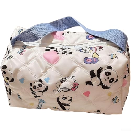 Organizador de maquillaje de viaje, bolsa de cosméticos impermeable con patrón de panda, interior espacioso, tela de algodón y asa portátil