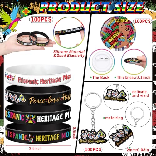 Kenning 300 Pcs Hispanic Heritage Month Giveaways Acrylic Keychains, Silicone Bracelets, Button Pins Gift Bulk for Women, Men, and Cultural Celebrations3