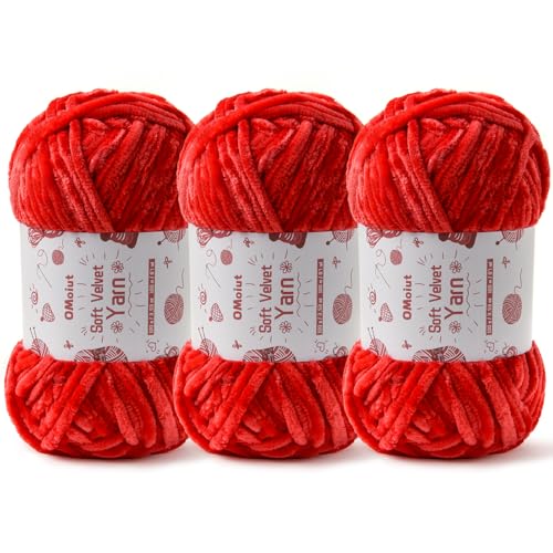 Image of 3x100g Fluffy Velvet Chenille Yarn for Crocheting and Knitting, 3x87.4yd Baby Yarn for Crocheting Soft, Crochet Chunky Yarns Amigurumi Yarns (Red)