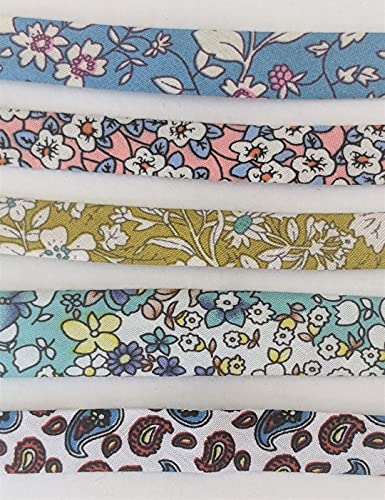 Double Fold Bias Tape, Colors 5 Floral Patterns Cotton For Sewing ~ 1/2 Inch Width Folded, 2 Yards Each. #TOP1