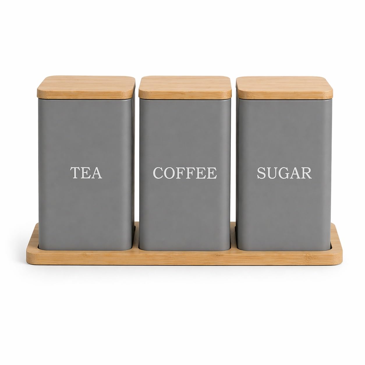 EHC Tea, Coffee, Sugar, Canister Set, Storage Canister Set with Tray - Easy to Open Airtight Lids - Storage Tea, Sugar, & Coffee - Set of 3 Canisters, Grey