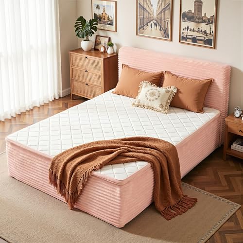 HOOOWOOO Boneless Bed Frame with Mattress Full Size No Assembly Midium Soft Memory Foam Bed and Headboard Plush Upholstered Platform Bed for Small Bedroom Studio Apartment No Box Spring Needed Pink