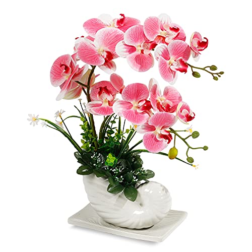 Orchid Pink Flowers Artificial Orchid Fake Orchid Flower Faux Orchids Pink with White Ceramic Vase Artificial Flowers Artificial Orchid Plants for Home Decor Indoor Office Table Centerpieces