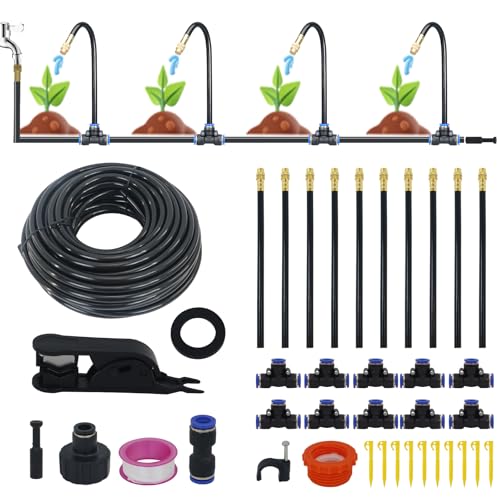 Set di irrigazione a goccia per giardino, serra e aiuole rialzate – 10 m/33 FT tubo di distribuzione, 1/4" micro contagocce e irrigatore – Sistema di irrigazione automatico con 10 ugelli e perni di