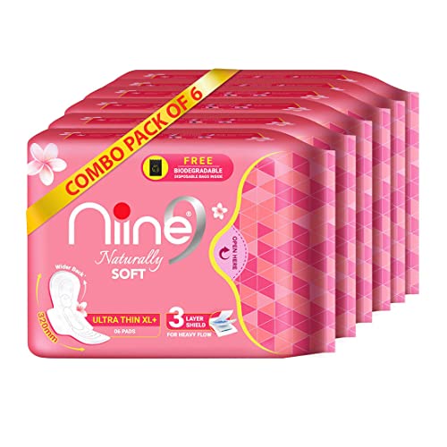 Image of NIINE Naturally Soft Ultra Thin XL+ Sanitary Napkins for Heavy Flow (Pack of 6) 36 Pads with Free Biodegradable Disposal Bags
