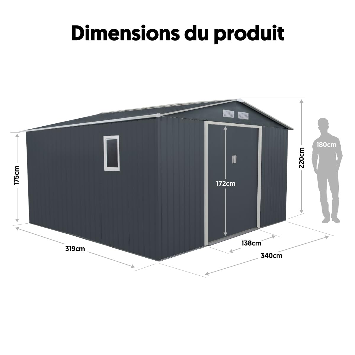 Abri de Jardin Métal Anthracite 10,85m² | Hauteur Parois 175cm | Fenêtre Latérale | Kit Ancrage Inclus | Abri à Outils Abri de Rangement Extérieur