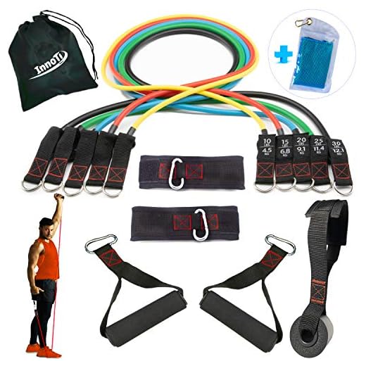 InnoTi Bandas Elásticas de Musculación y Fitness - Gomas Elásticas para Crossfit y Gimnasio en Casa - Set de Tubos de Resistencia de Latex - Asas y Cintas de Tobillos Acolchadas y Anclaje de Puerta