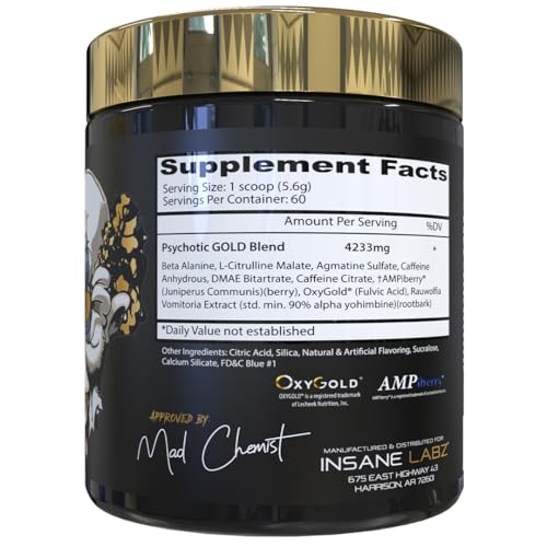 Image of Insane Labz Psychotic Gold, High Stimulant Pre Workout Powder, Extreme Lasting Energy Focus, Pumps and Endurance with Beta Alanine, DMAE Bitartrate, NO Booster (60 Servings, Blue Punch)