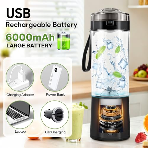 Image of Upgrade 700 ML Portable Smoothie Blender, Rechargeable Blende -Black | Contains both Automatic and Pulse Functions, with Travel Cup and Lid, 6 Sharp Blades, Mixer Blender Machine