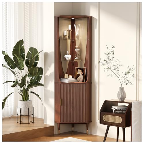 Image of JOINICE Tall Corner Bar Cabinet for Liquor,Mid-Century Modern,Walnut,70 inch | Fluted Door,Glass Shelves,Wine Cabinet with Led for Living Room, Kitchen,Dining Room,Easy Assembly,for Small Apartment