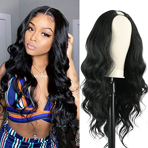 Leosa V Part Wig Body Wave Upgrade U Part Synthetic Wigs For Black Women Full Head Clip In Hair Black 24Inch No Leave Out Thin Part Wig Glueless Wigs Synthetic Wigs (24Inch, 1B#) #TOP4