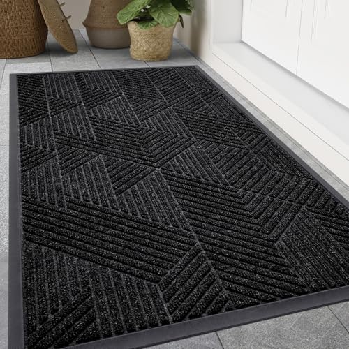 Smiry Front Door Mat Outside Entrance, Heavy Duty Sturdy Natural Rubber Doormat, Trap Dirt and Moisture, Easy Clean Low Profile Welcome Floor Mats for Indoor Outdoor Entry, 47x24 Inch, Black