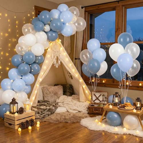 Image of RUBFAC Dusty Blue and White Balloons, Party Balloons for Birthday Baby Blue Clear Balloon 12 Inch, Wedding Baby Shower Gender Reveal Decorations, 65pcs