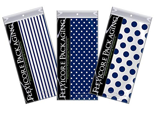 Flexicore Packaging | Pin Stripe & Polka Dot Gift Wrap Tissue Paper | Size: 15 Inch X 20 Inch | Count: 30 Sheets | Color: Navy Blue | DIY Craft, Art, Wrapping, Decorations