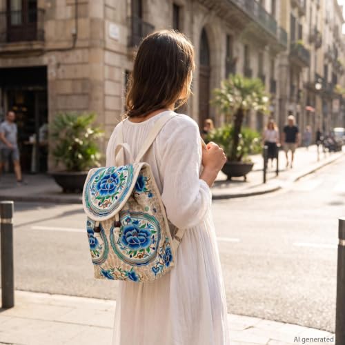 Image of Jursccu Embroidered Backpack Purse for Women Small Canvas Vintage Daypack