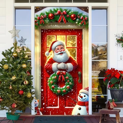 Image of BlissYard Christmas Door Cover Santa Pine Greenery 35x71 Inch Polyester