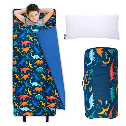 wildkin kids original nap mat  cozy kids sleep mat with pillow ideal for school amp travel - jurassic dinosaurs