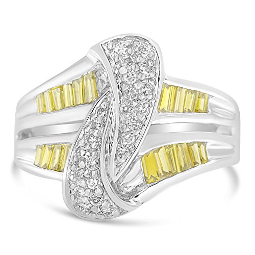 Original Classics 14K White Gold White Round and Treated Yellow Baguette Diamond Ring (1 Cttw, H-I Color, SI1-SI2 Clarity) - Size 6-3/4