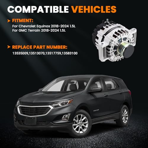 Image of 13535009 High Output Alternator 130A 12V Compatible with 2018-2024 Chevrolet Equinox, GMC Terrain 1.5L L4, 5-Groove Pulley Clockwise, Replace 13513070, 13517759, 13583100
