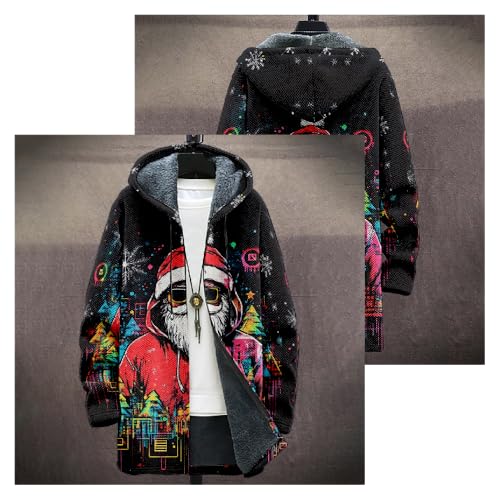 Christmas Print Long Cardigan Sweaters for Men Warm Sherpa Fleece Lined Long Sleeve Zip Up Graphic Hooded Jacket2