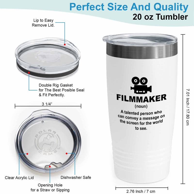 Filmmaker White Tumbler 20oz - a message on the screen - Filmmaker Gifts Camera Lens Cut Prop Director Movie Film Scriptwriter