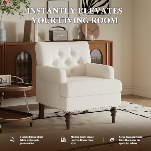 Image of MALOL Upholstered Accent Chair, Mid Century Modern Living Room Bedroom Reading Chair with Thick Cushion & Solid Rubberwood Legs, Comfy Armchair for Small Spaces, Beige
