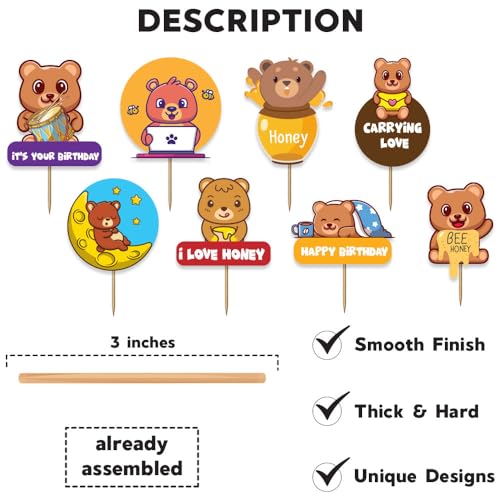 Image of Festiko Set of 8 Pcs Bear Theme Happy Birthday Cupcake Topper, Cake Decoration Supplies, Bear theme birthday decorations
