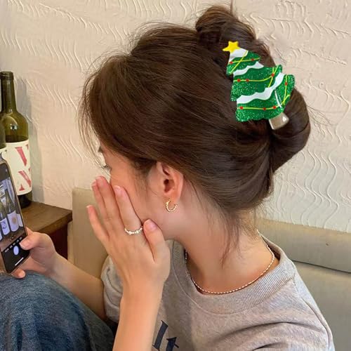 Pinza para cabello navideña diseño árbol verde miniatura 4