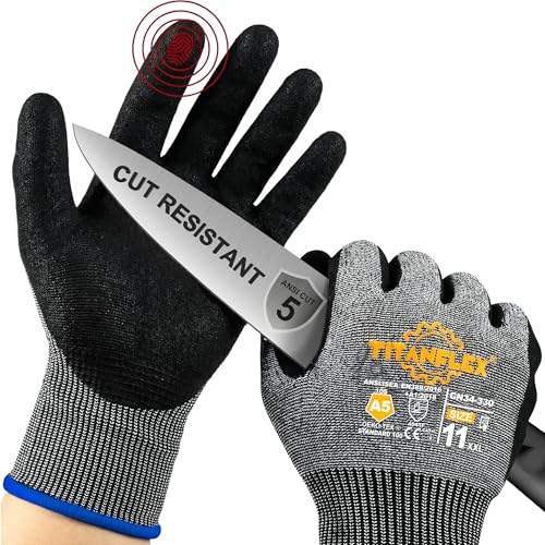TitanFlex Cut Resistant Gloves ANSI A5, Work Gloves with Sandy Nitrile Grip, 3D Comfort Fit, Breathable, Touchscreen Compatible, Machine Washable, Non-Slip, Durable,Black,1 Pair (L)