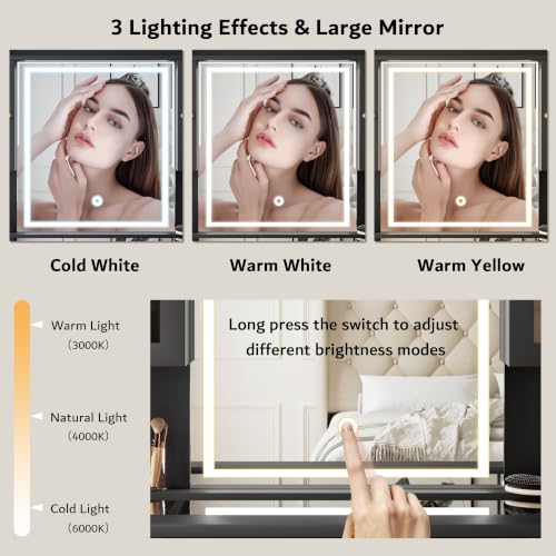Image of iPormis Vanity Desk with Mirror and Lights, Glass Top Makeup Vanity with RGB Light and Power Outlet, Dressing Table Mirror with 3 Lighting Colors, 7 Drawers, 3 Cabinets, Black Vanity for Bedroom