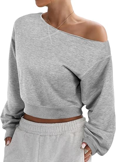 SOFIAS CHOICE Women Off the Shoulder Sweatshirt Crop Top Long Sleeve Cropped Pullover Lightweight Loose Fit Fall Tops Grey X-Small