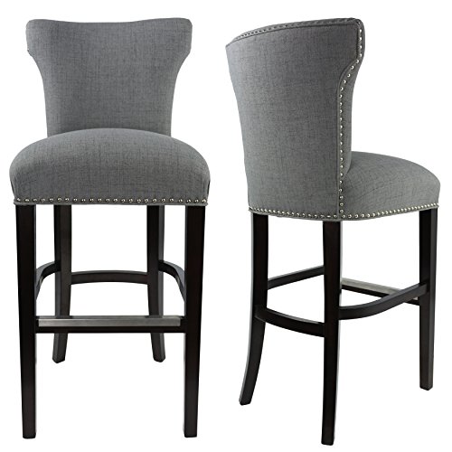 Sole Designs Bella Collection Modern Upholstered Bar Stool Chair With Concave Back and Hand Applied Nail Head Trim, Ash Gray/Black, Single Barstool