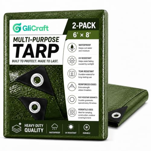 Image of 2 Pack 6 x 8 ft 5.5 Mil Large Tarps Heavy Duty Waterproof Tarp Multi Purpose Tent Cover for Home Boats Cars Camping Patio Furniture Roof Emergency Rain Protective Cover, Army Green