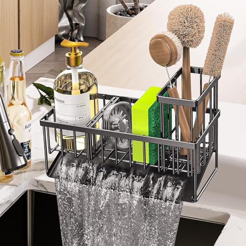 Porte Eponge Evier Cuisine,Organisateur d'évier en Acier Inoxydable avec bac d'écoulement Automatique,Rangement Eponge Evier Cuisine,Super Accessoires pour...