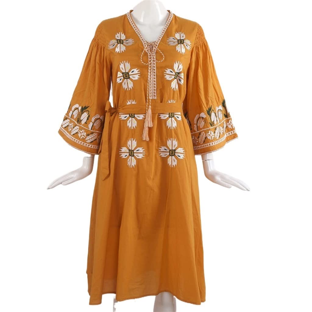 ZLXDP V-neck Flared Sleeve And Shangpin Beach Skirt Bohemian Ethnic Style Dress With Heavy Embroidery