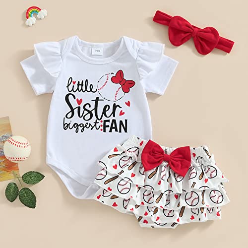 Newborn Baby Girl Baseball Clothes Little Sister Biggest Fan Romper Short Sleeve Top Shorts Set Headband 3Pcs Outfit2