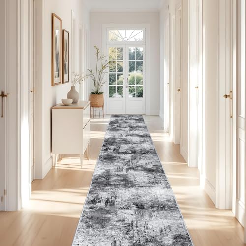 RUUGME Washable Hallway Rug 3x16 - Runner Rug Stain Resistant for Living Room Non Slip Indoor Entryway Rubber Backing Carpet Bedroom Kitchen Distressed Floor Decor Mat Machine Washable 3x16 Black A