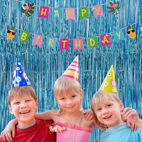 Image of 4 Pack Blue Foil Fringe Curtains, 13.2x6.6ft Ocean Themed Tinsel Streamers Backdrop, Photo Backdrop for Birthday, Baby Shower, Bachelor, Summer Party, Gender Reveal | Blue Streamers Party Decorations