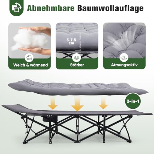 Sekey Feldbett Klappbar XXL, 190 x 71 x 35 cm überbreit, Campingbett inkl. Matratze, verstärkte Stahlrohre und hochwertiges Oxford-Gewebe – ideal als Gästebett für Garten und Camping