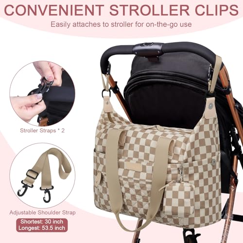 Image of Pritent Diaper Bag Tote - Diaper Baby Bags with Pacifier Case, Shoulder Straps, Stroller Clips, Waterproof Large Mommy Maternity Travel Baby Bag for Mom and Dad, plaid