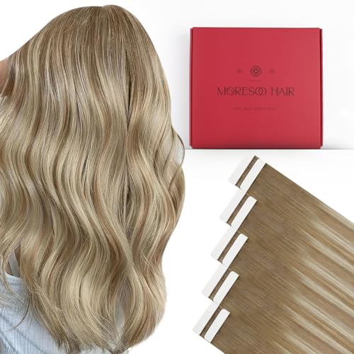 Image of Moresoo Beige Blonde Seamless Tape Extensions Human Hair 24 Inch 10Pcs 25g | Tape hair extensions real human hair, long straight strands, cool beige blend, invisible tabs, photo shoots and travel