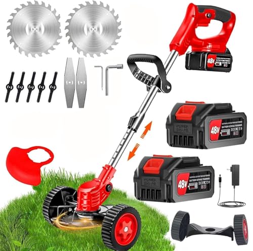 Image of Cordless Grass Cutter Machine for Garden | Weed Cutting Tool | Easy Storage with Adjustable Height & Foldable Handle | 2 x 48V Battery | 25cm Cutting Width | 3 x Heavy-Duty Blades