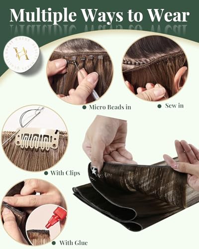 Image of Ugeat 24 Inch Genius Weft Hair Extensions Brown Balayage 80G #4 /18 /4 | Genius Weft Human Hair Extensions, Dark Brown Mix Ash Brown Balayage, Real Human Hair, Natural Looking