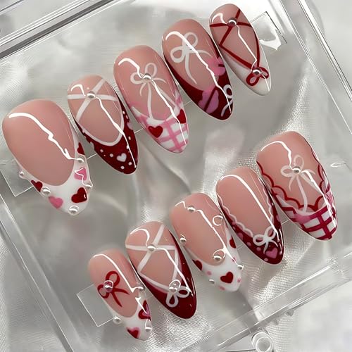 Valentines Press on Nails Medium Almond Fake Nails with Cute Bow ...